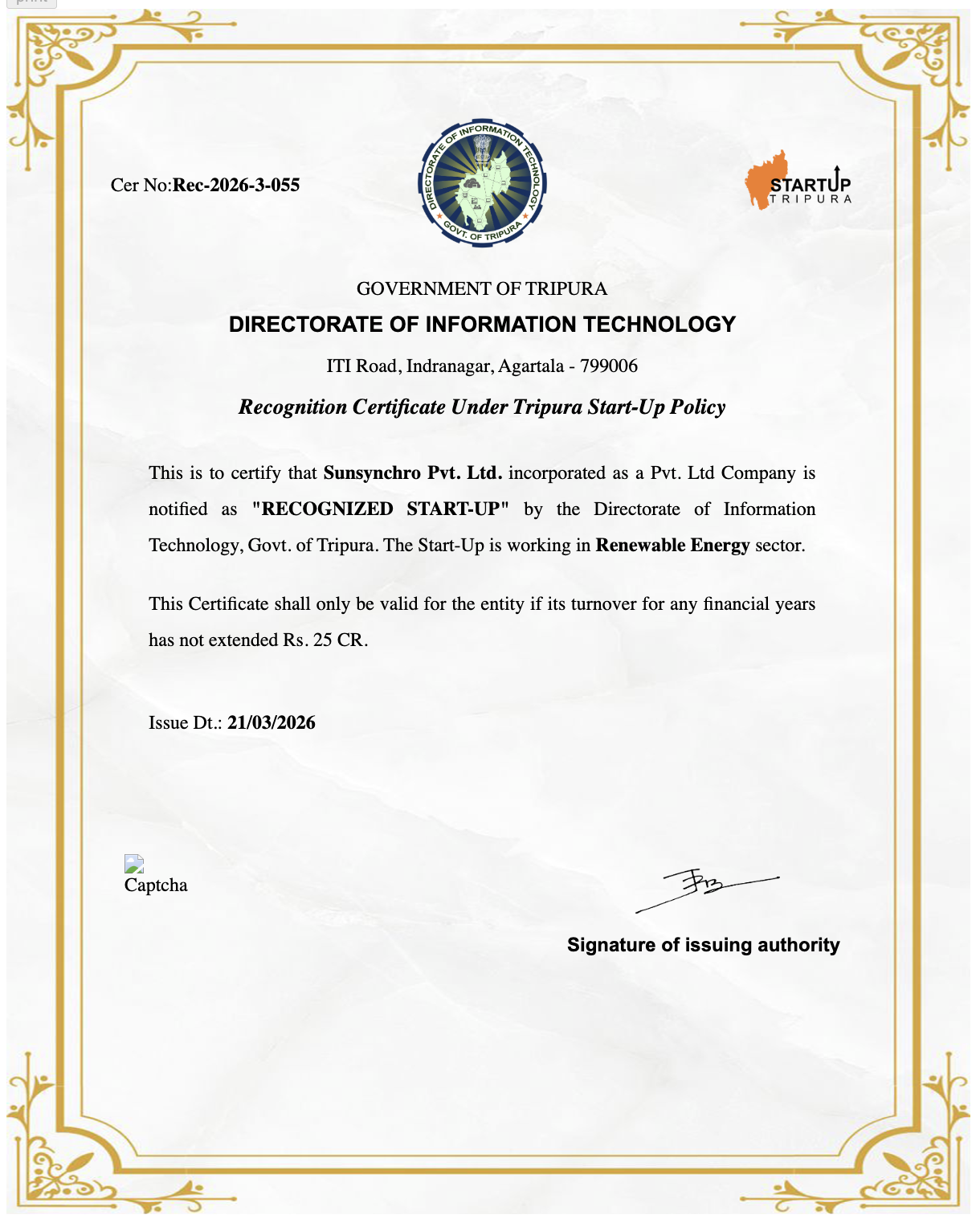 Startup recognition certificate